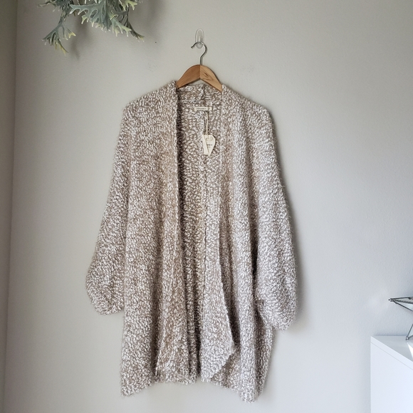 Beige-Taupe Fuzzy Knit Open Front Draped Cocoon Cardigan - Picture 4 of 15
